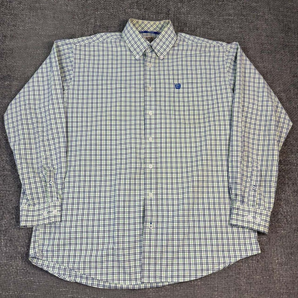 Cinch Plaid Button Down Shirt Mens Medium Green Navy Western Long Sleeve